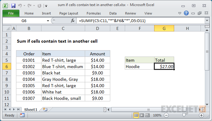 Excel Formula: Sum If Cell Contains Text In Another Cell | Exceljet